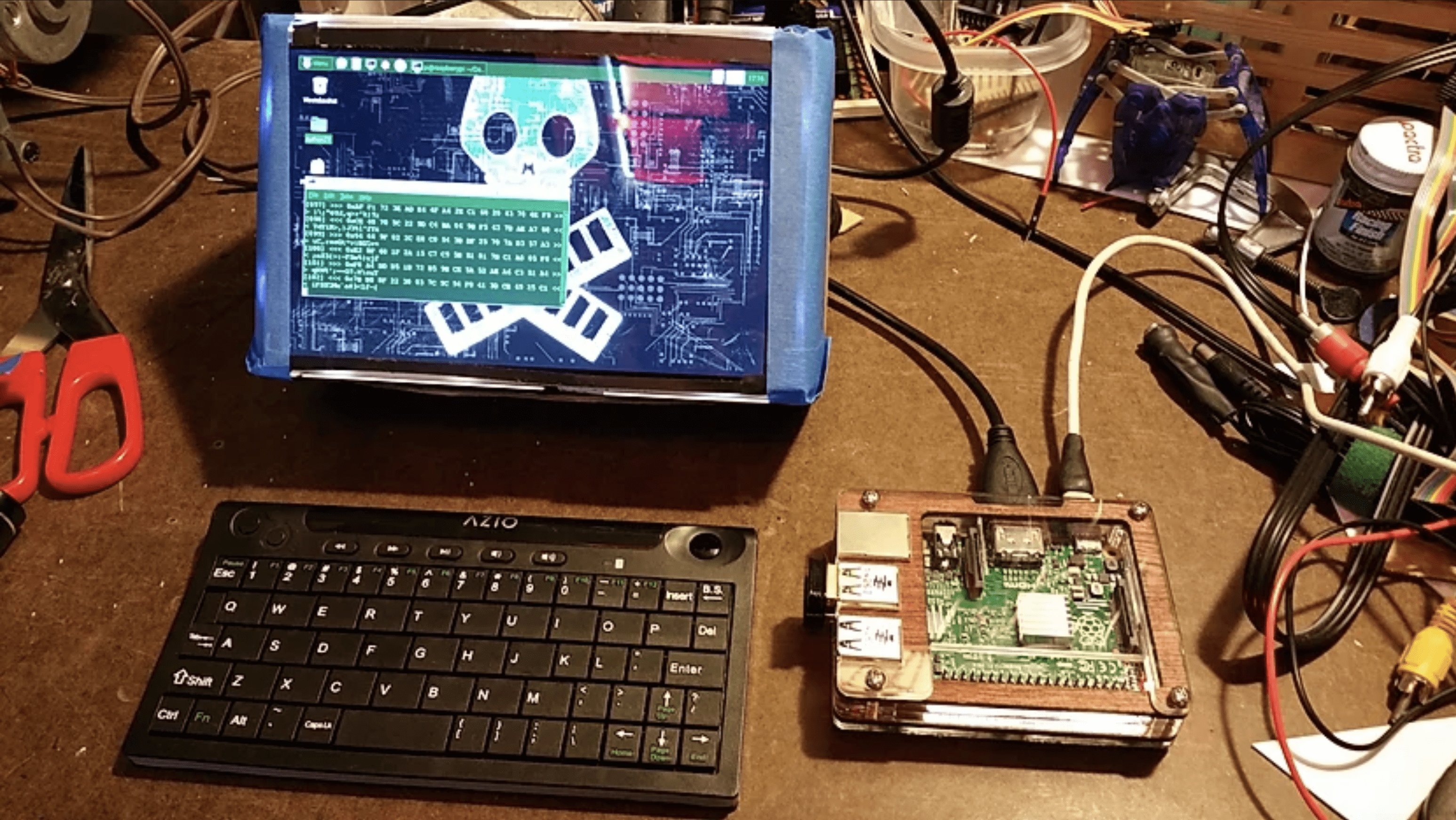 A hardware test using a Raspberry Pi. My later cyberdeck designs have used this platform.
